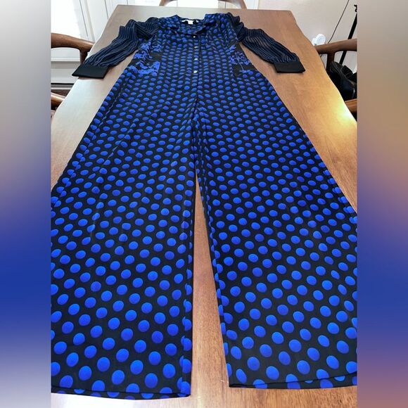 Diane Von Furstenberg Polka Dot Silk Wide Leg Jumpsuit Blue Black Sheer 14 NWT - Picture 5 of 15